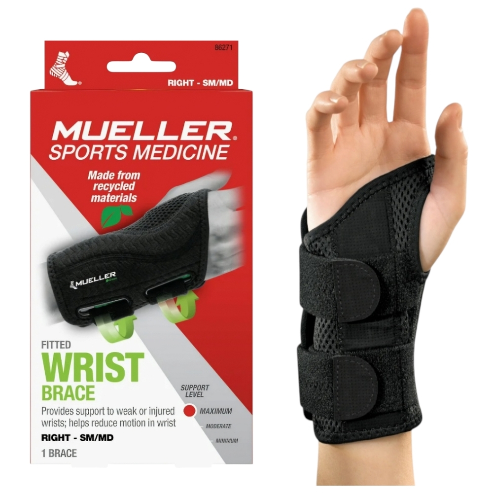 Mueller Green Fitted Wrist Brace, Right Hand, Unisex, Small/Medium, Black